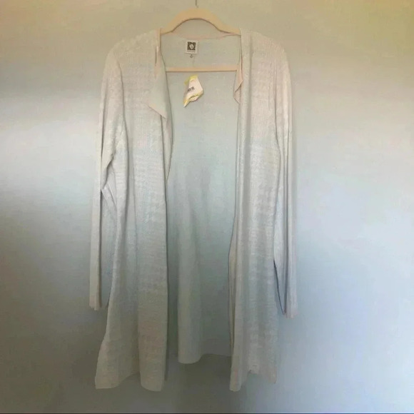 NWT Anne Klein light blue palette beige houndstooth long open  cardigan - Picture 1 of 8